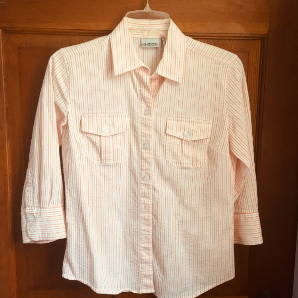 Chico's Orange & White Stripe Seersucker Blouse